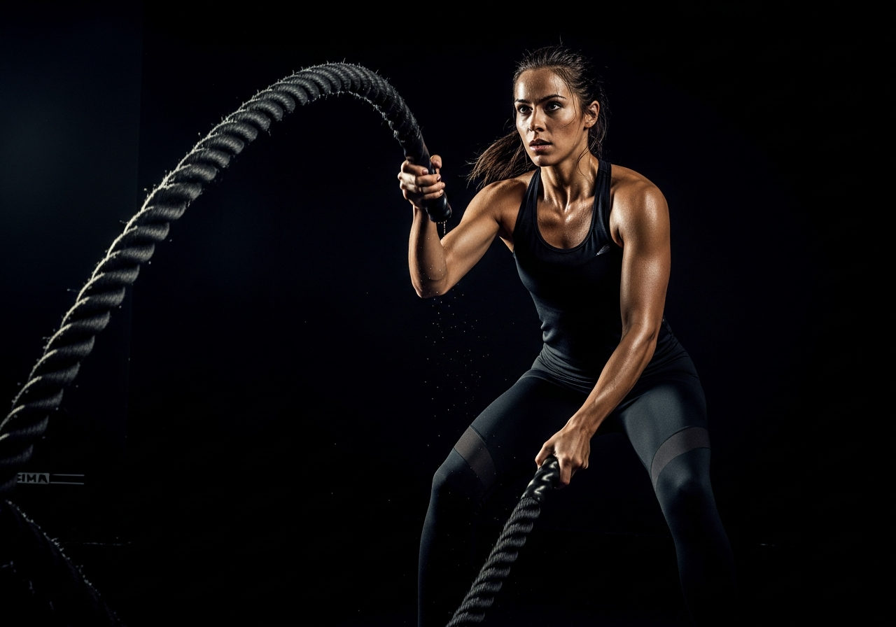 Athlete doing battle ropes workout